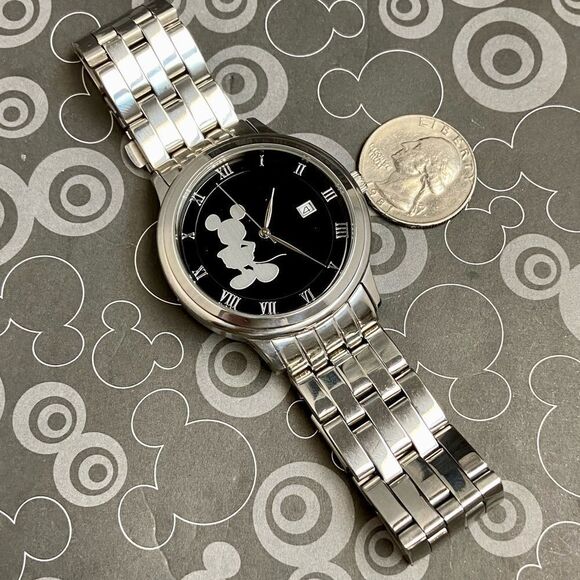 Disney Time Works All Stainless Steel Mickey Mouse Silhouette Dial Unisex Watch - Picture 8 of 14